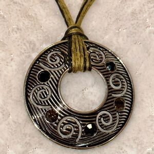 Lia Sophia Necklace Rhinestone Medallion Pendant Brown Black Straps 16”